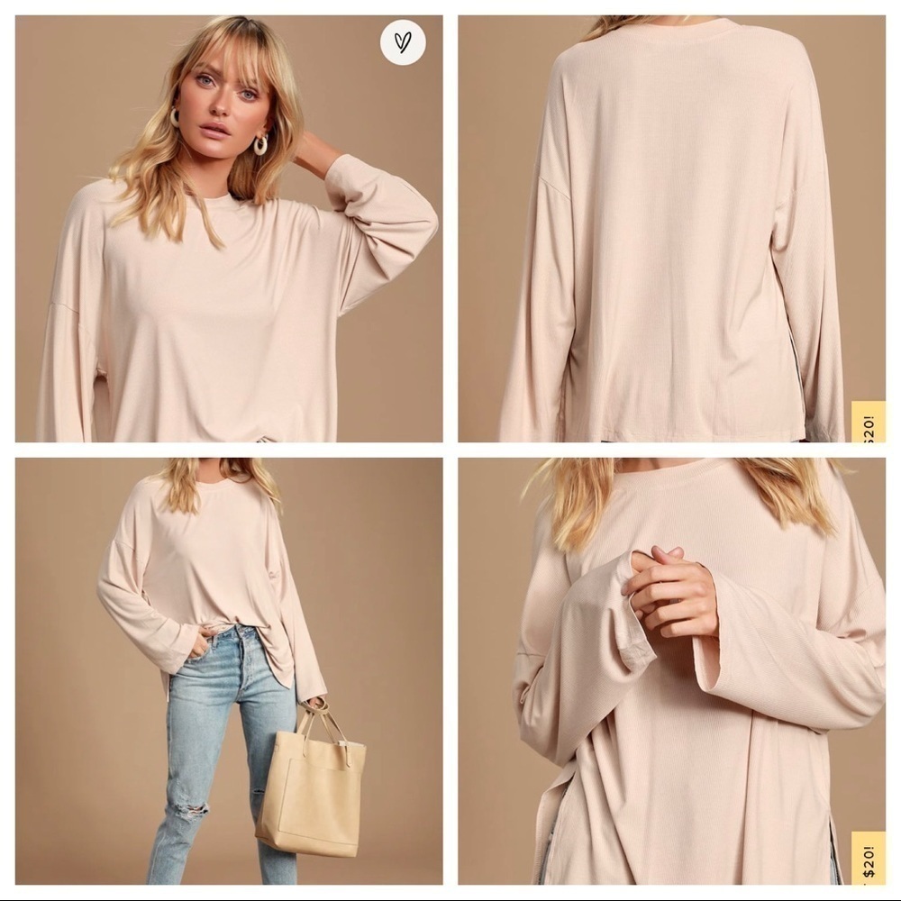Lulus Mercurio Beige Ribbed Long Sleeve t shirt size medium